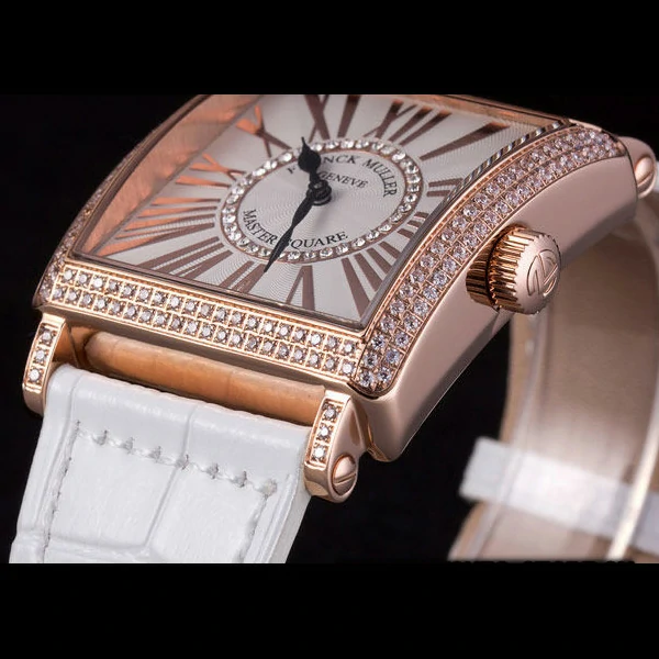 Franck Muller Master Square Diamond Encrusted Rose Gold Bezel White Croco Bracelet new59299