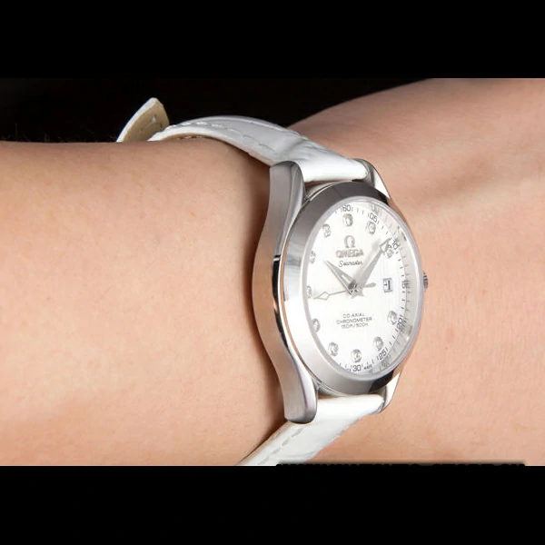Omega Seamaster Lady White Leather Bracelet White Patterned Dial new59347