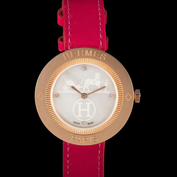 Hermes Classic MOP Dial Magenta Leather Bracelet new59396