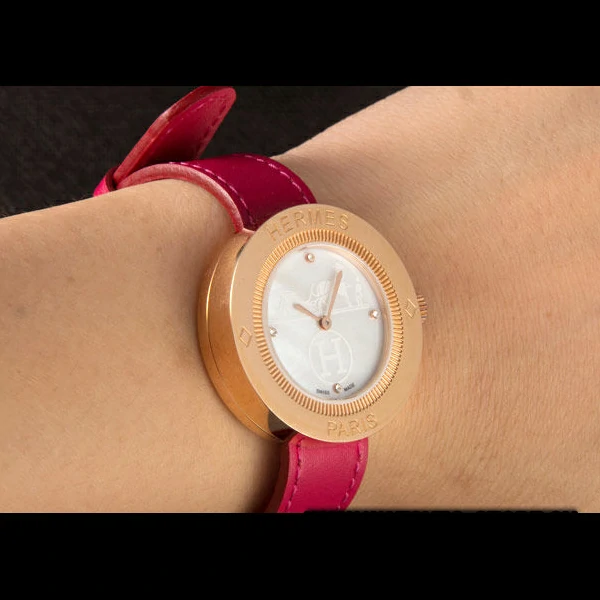 Hermes Classic MOP Dial Magenta Leather Bracelet new59396