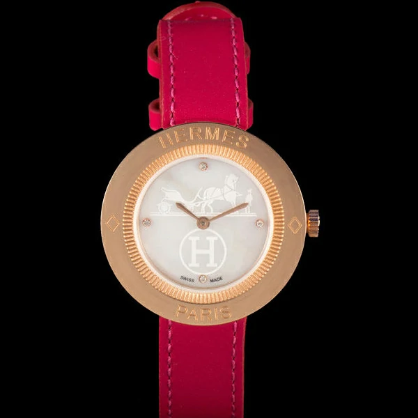 Hermes Classic MOP Dial Magenta Leather Bracelet new59396