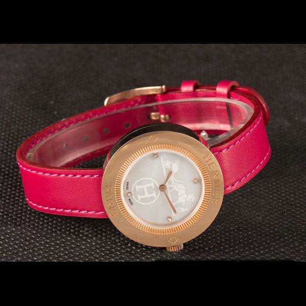 Hermes Classic MOP Dial Magenta Leather Bracelet new59396