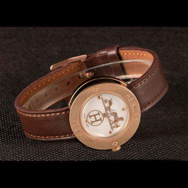 Hermes Classic MOP Dial Brown Leather Bracelet new59397
