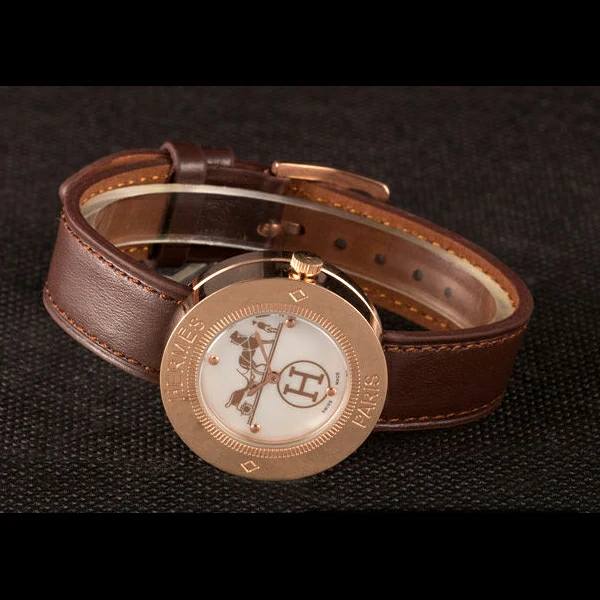 Hermes Classic MOP Dial Brown Leather Bracelet new59397