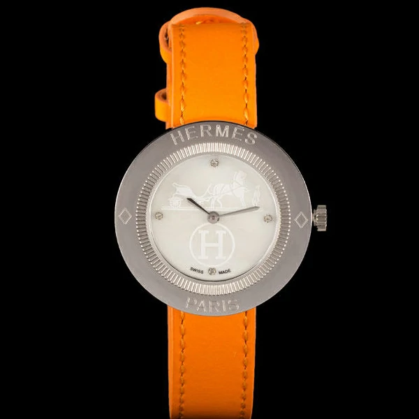 Hermes Classic MOP Dial Orange Leather Bracelet new59398