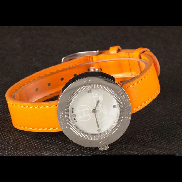 Hermes Classic MOP Dial Orange Leather Bracelet new59398