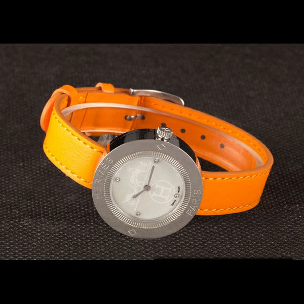 Hermes Classic MOP Dial Orange Leather Bracelet new59398