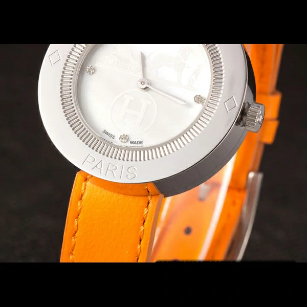 Hermes Classic MOP Dial Orange Leather Bracelet new59398