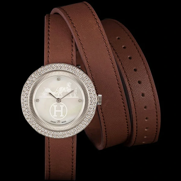 Hermes Classic MOP Dial Brown Elongated Leather Bracelet new59400