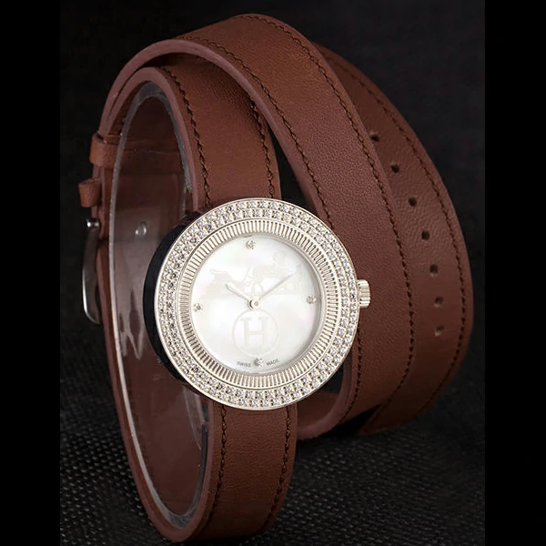 Hermes Classic MOP Dial Brown Elongated Leather Bracelet new59400