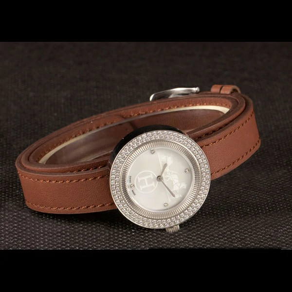 Hermes Classic MOP Dial Brown Elongated Leather Bracelet new59400