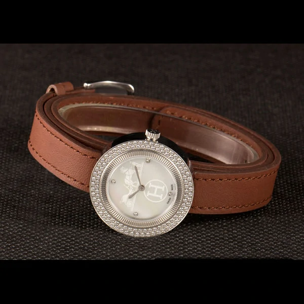 Hermes Classic MOP Dial Brown Elongated Leather Bracelet new59400