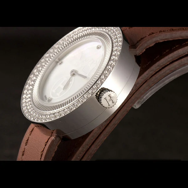 Hermes Classic MOP Dial Brown Elongated Leather Bracelet new59400