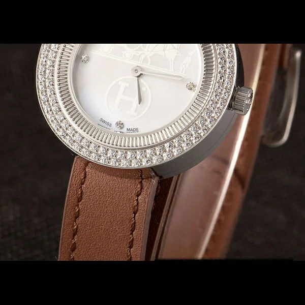 Hermes Classic MOP Dial Brown Elongated Leather Bracelet new59400