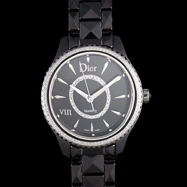Dior VIII Diamond Encrusted Black Bezel Black Bracelet new59449
