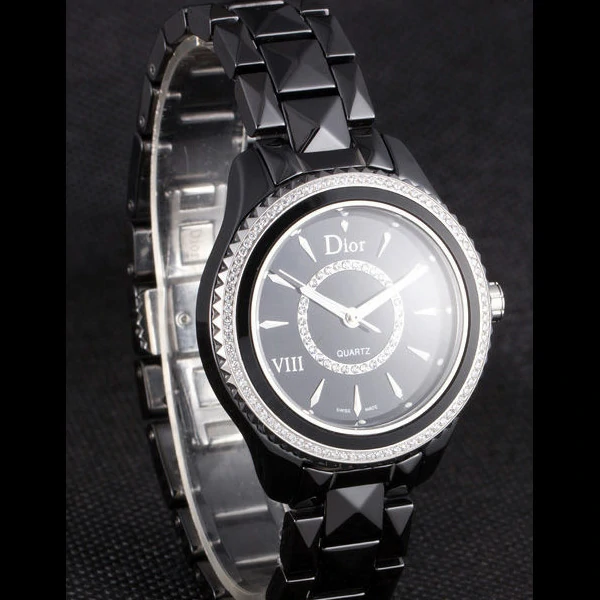 Dior VIII Diamond Encrusted Black Bezel Black Bracelet new59449