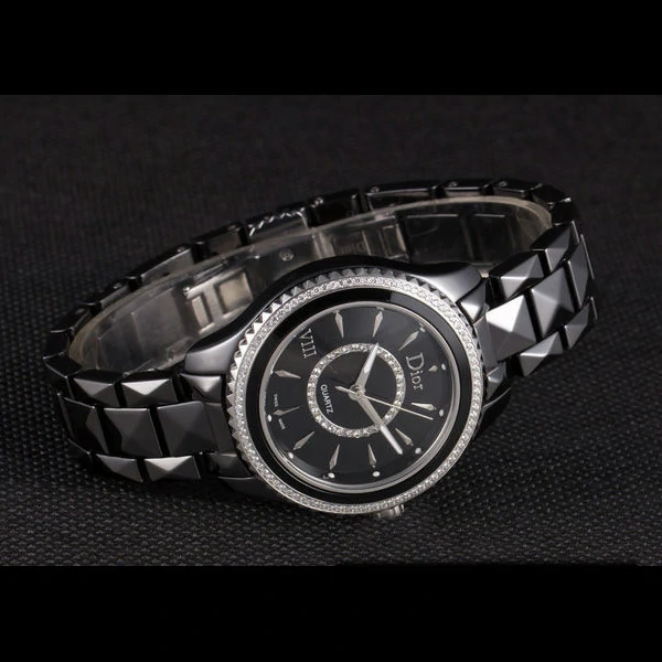 Dior VIII Diamond Encrusted Black Bezel Black Bracelet new59449