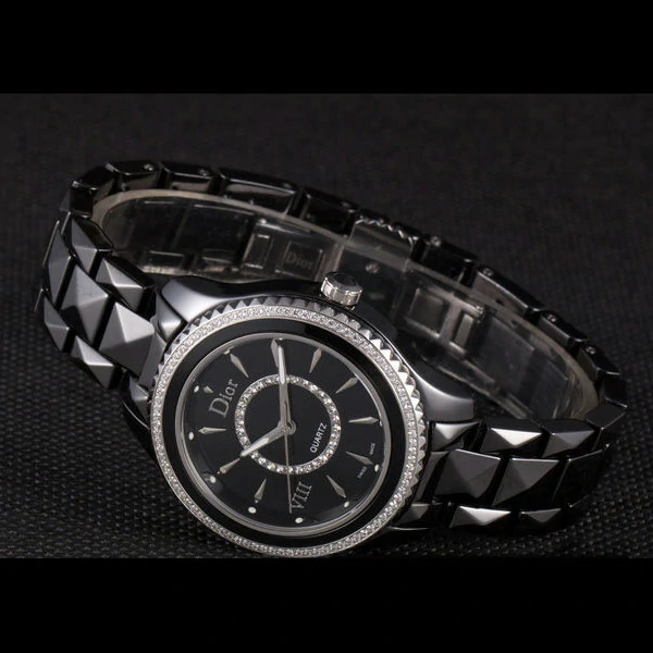 Dior VIII Diamond Encrusted Black Bezel Black Bracelet new59449