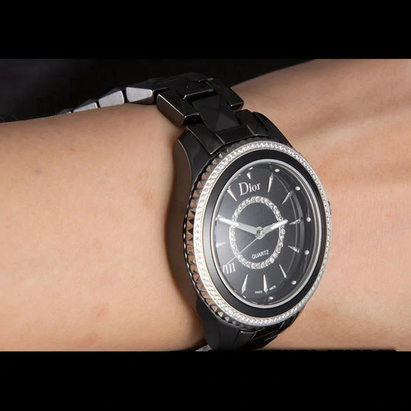 Dior VIII Diamond Encrusted Black Bezel Black Bracelet new59449