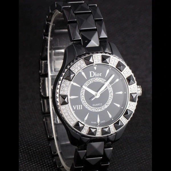 Dior VIII Diamond Encrusted Black Bezel Black Bracelet new59450