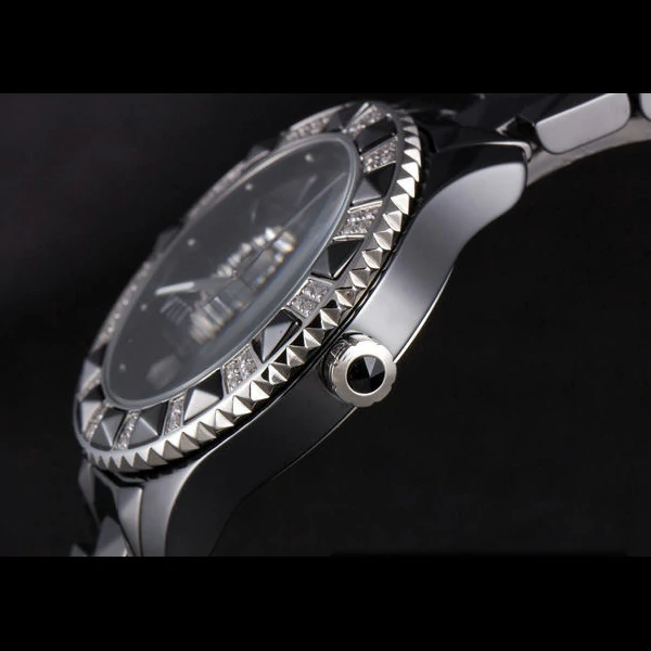 Dior VIII Diamond Encrusted Black Bezel Black Bracelet new59450