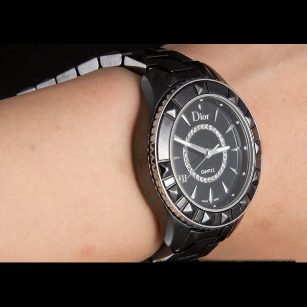 Dior VIII Diamond Encrusted Black Bezel Black Bracelet new59450