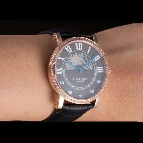 Cartier Moonphase Rose Gold Watch with Black Leather Band new59456
