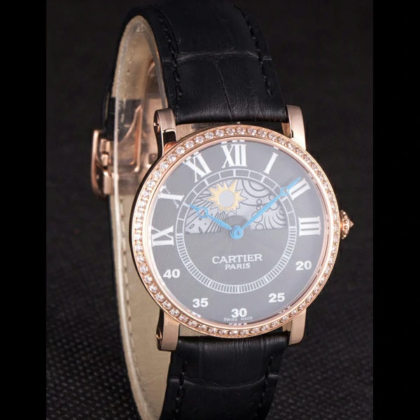 Cartier Moonphase Rose Gold Watch with Black Leather Band new59456