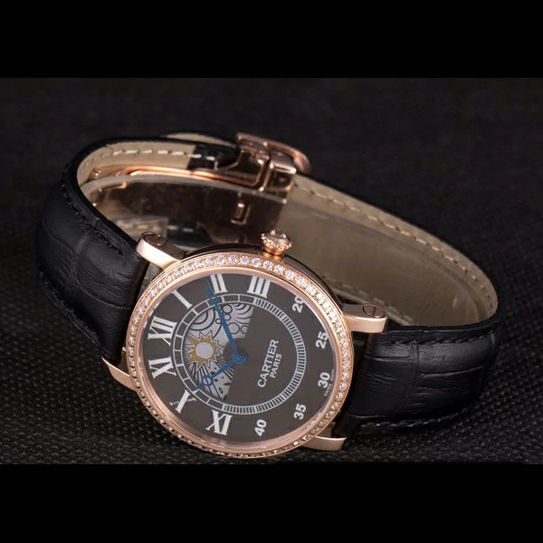 Cartier Moonphase Rose Gold Watch with Black Leather Band new59456