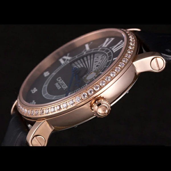 Cartier Moonphase Rose Gold Watch with Black Leather Band new59456