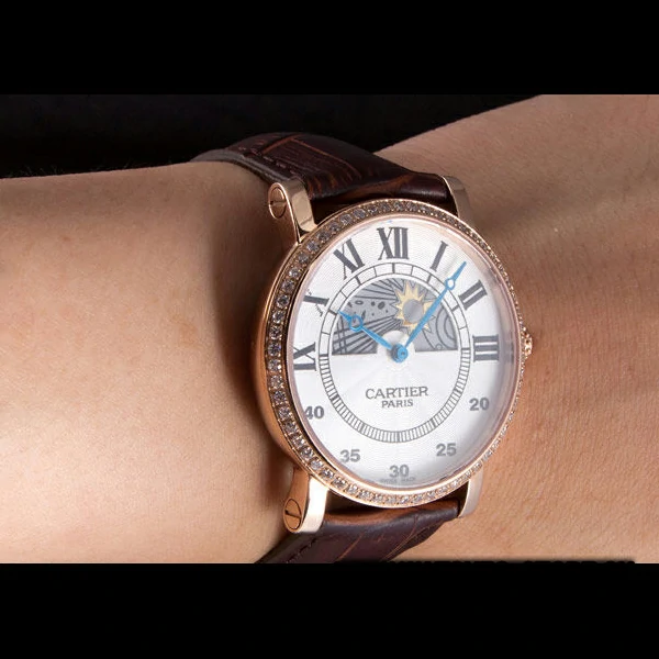 Cartier Moonphase Rose Gold Watch with Brown Leather Band new59457
