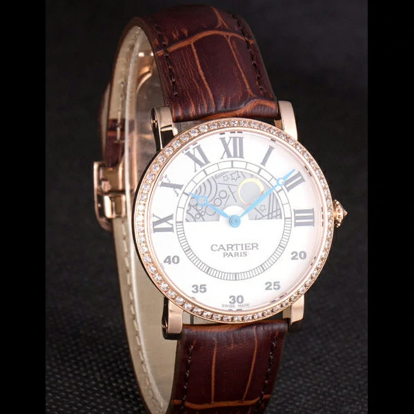 Cartier Moonphase Rose Gold Watch with Brown Leather Band new59457