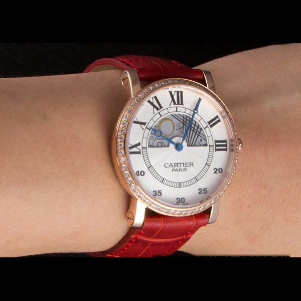 Cartier Moonphase Rose Gold Watch with Red Leather Band new59458
