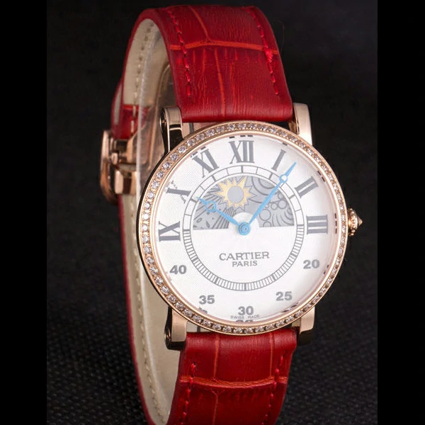 Cartier Moonphase Rose Gold Watch with Red Leather Band new59458