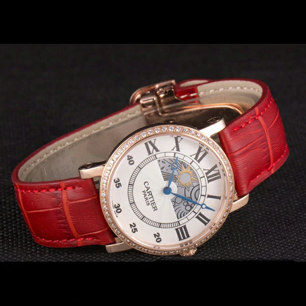 Cartier Moonphase Rose Gold Watch with Red Leather Band new59458