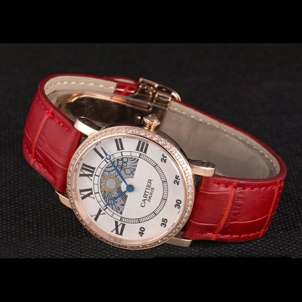 Cartier Moonphase Rose Gold Watch with Red Leather Band new59458