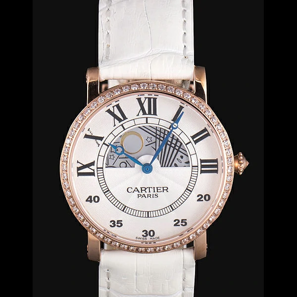 Cartier Moonphase Rose Gold Watch with White Leather Band new59459