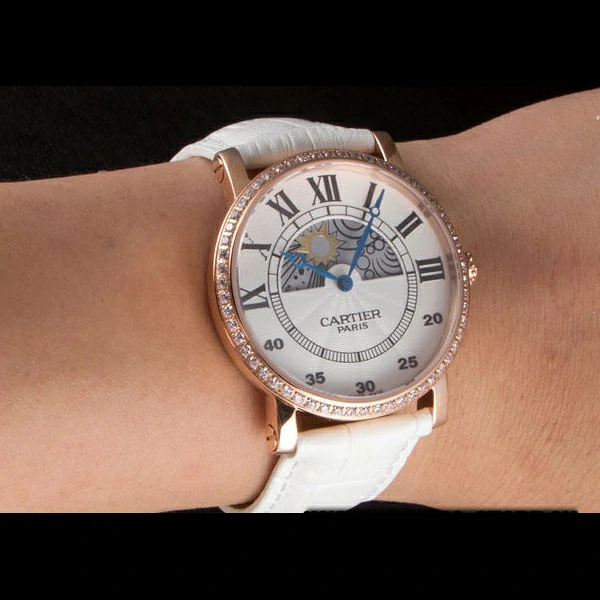 Cartier Moonphase Rose Gold Watch with White Leather Band new59459