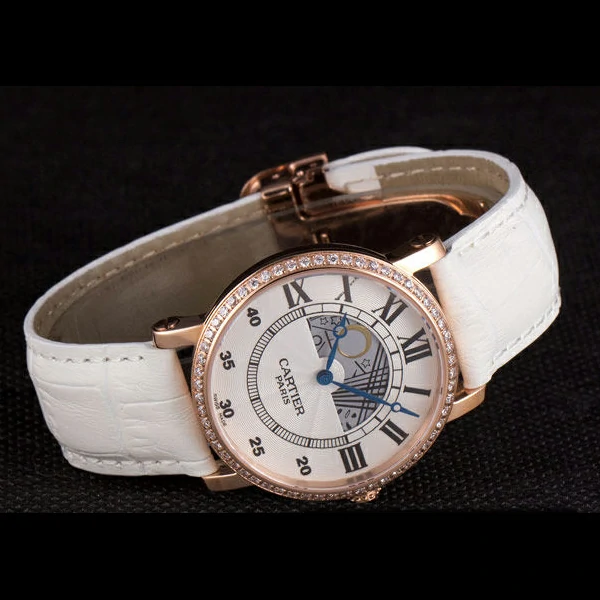 Cartier Moonphase Rose Gold Watch with White Leather Band new59459