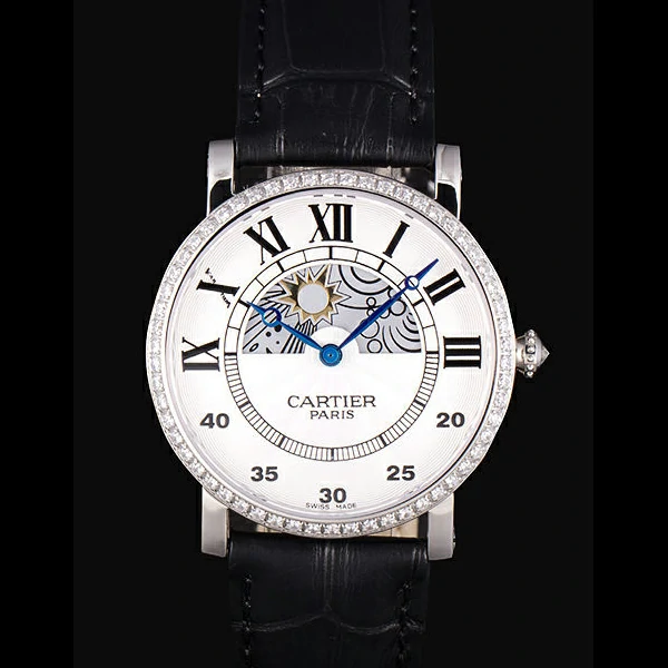Cartier Moonphase Silver Watch with Black Leather Band new59460