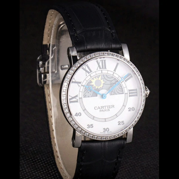 Cartier Moonphase Silver Watch with Black Leather Band new59460