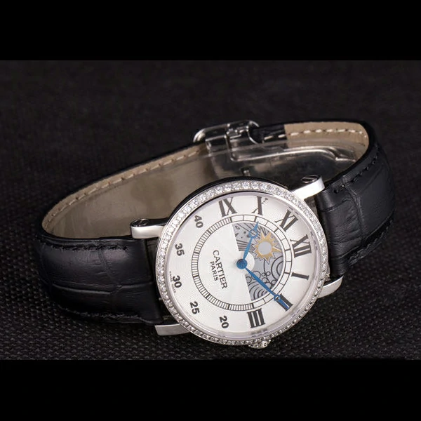 Cartier Moonphase Silver Watch with Black Leather Band new59460