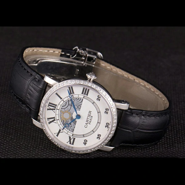 Cartier Moonphase Silver Watch with Black Leather Band new59460