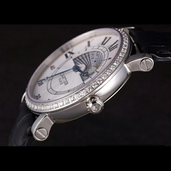 Cartier Moonphase Silver Watch with Black Leather Band new59460