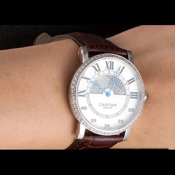 Cartier Moonphase Silver Watch with Brown Leather Band new59461