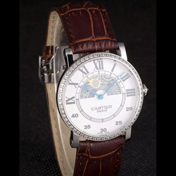 Cartier Moonphase Silver Watch with Brown Leather Band new59461
