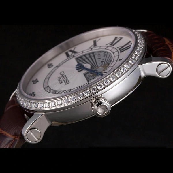 Cartier Moonphase Silver Watch with Brown Leather Band new59461