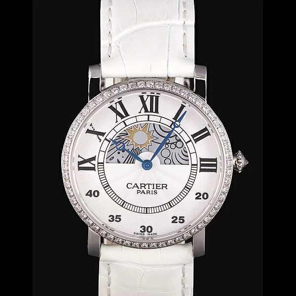 Cartier Moonphase Silver Watch with White Leather Band new59462