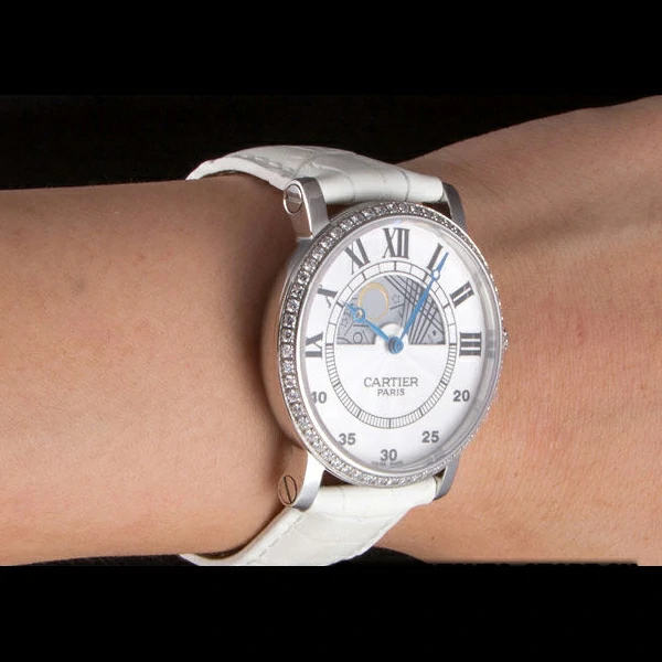 Cartier Moonphase Silver Watch with White Leather Band new59462