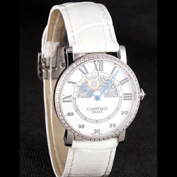 Cartier Moonphase Silver Watch with White Leather Band new59462